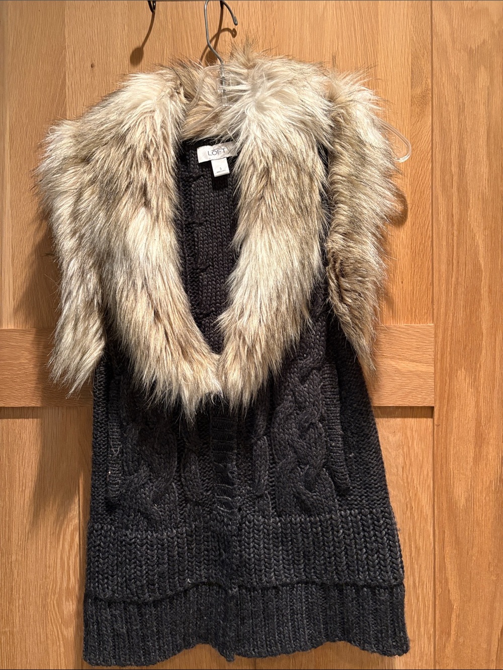 LOFT dark grey Cable-Knit Vest with Faux Fur Collar